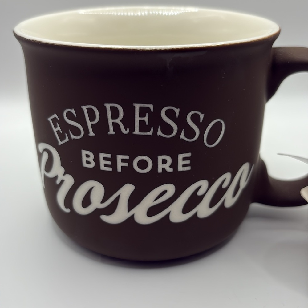 “Espresso Before Prosecco” Coffee Brown and Crème Camper Mug New